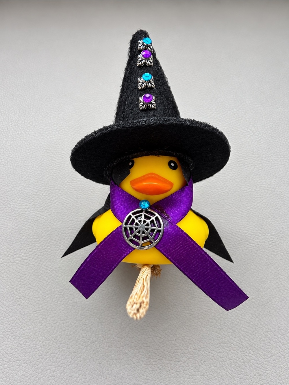 Yellow Rubber Duck Witch Toy with Black Hat and Purple Ribbon